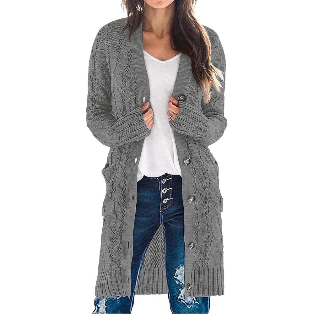 imageMEROKEETY Womens 2025 Long Sleeve Cardigan Sweater Fall Winter Cable Knit Open Front Button Long OuterwearCharcoal