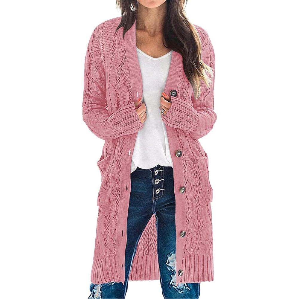 imageMEROKEETY Womens 2025 Long Sleeve Cardigan Sweater Fall Winter Cable Knit Open Front Button Long OuterwearDarkpink