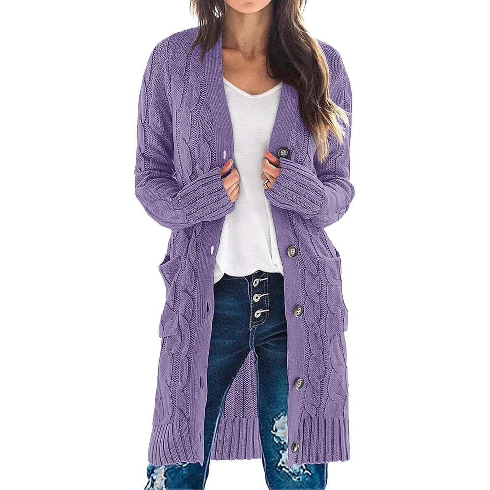 imageMEROKEETY Womens 2025 Long Sleeve Cardigan Sweater Fall Winter Cable Knit Open Front Button Long OuterwearPurple