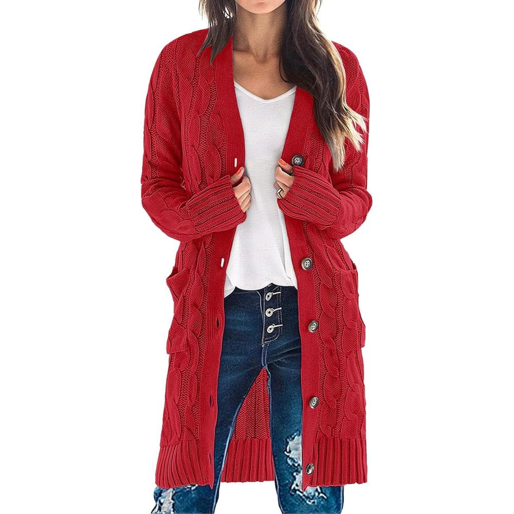imageMEROKEETY Womens 2025 Long Sleeve Cardigan Sweater Fall Winter Cable Knit Open Front Button Long OuterwearRed