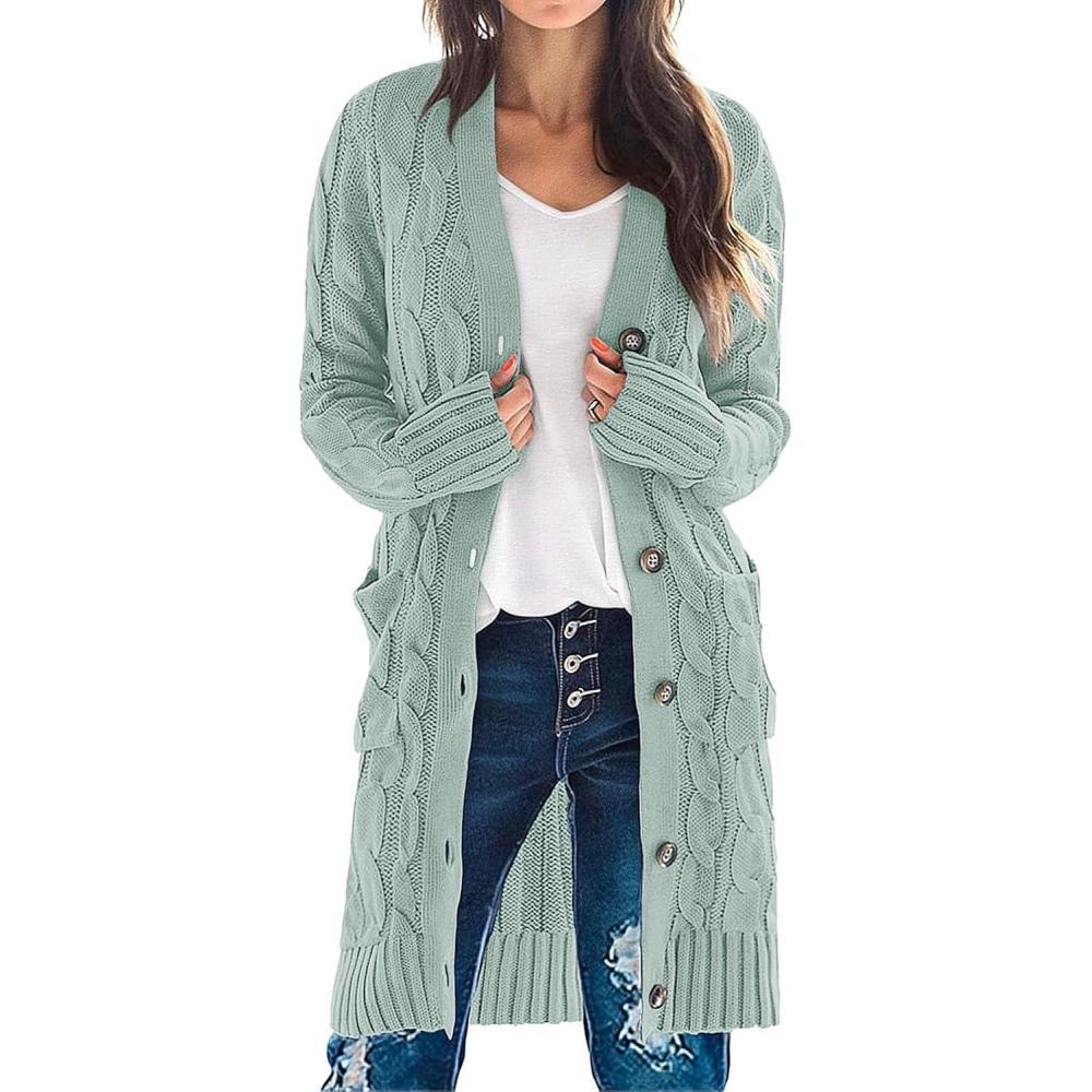 imageMEROKEETY Womens 2025 Long Sleeve Cardigan Sweater Fall Winter Cable Knit Open Front Button Long OuterwearSage