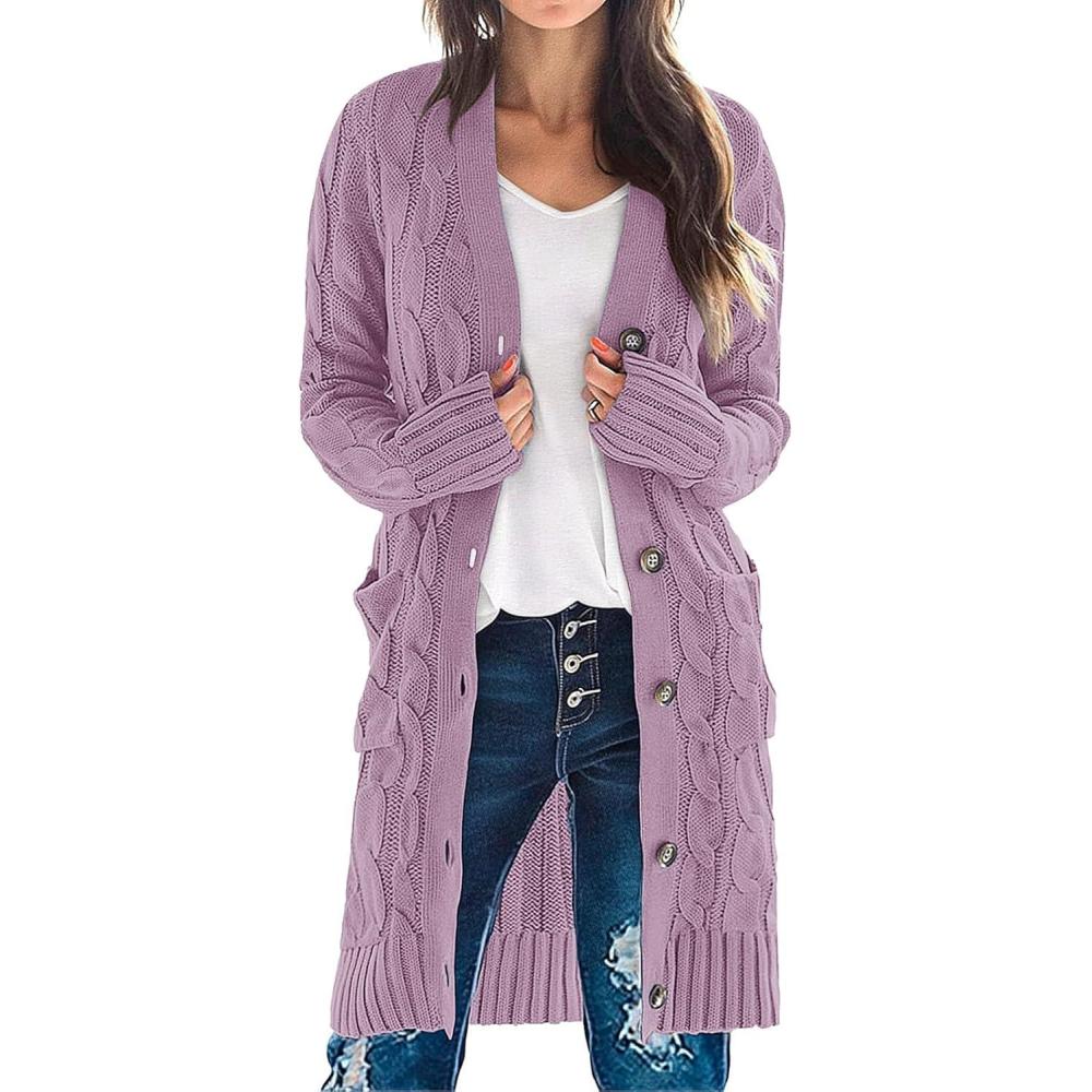imageMEROKEETY Womens 2025 Long Sleeve Cardigan Sweater Fall Winter Cable Knit Open Front Button Long OuterwearTaro