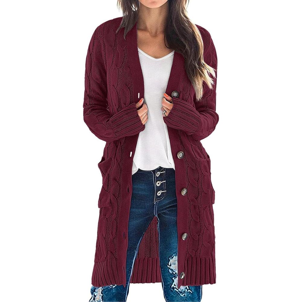 imageMEROKEETY Womens 2025 Long Sleeve Cardigan Sweater Fall Winter Cable Knit Open Front Button Long OuterwearWine