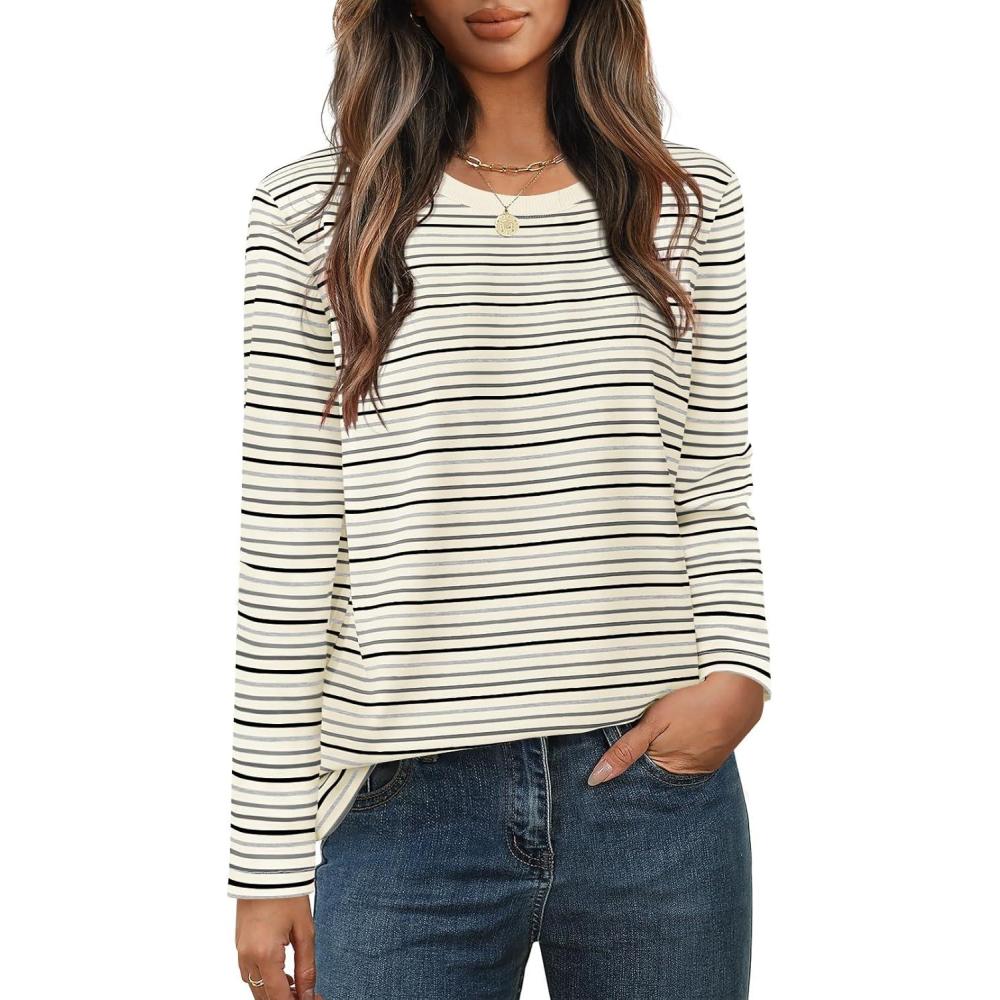 imageMEROKEETY Womens 2025 Long Sleeve Top Blouse Fall Casual Trendy Colourful Striped Crewneck Loose ShirtsGrey