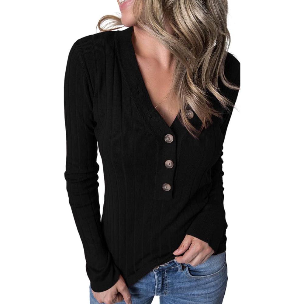 imageMEROKEETY Womens 2025 Long Sleeve V Neck Ribbed Button Knit Sweater Solid Color TopsBlack