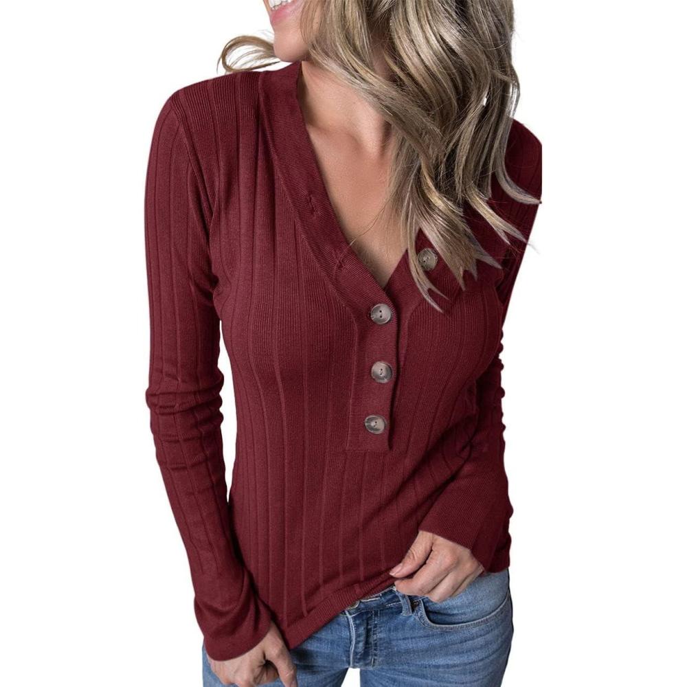 imageMEROKEETY Womens 2025 Long Sleeve V Neck Ribbed Button Knit Sweater Solid Color TopsWine