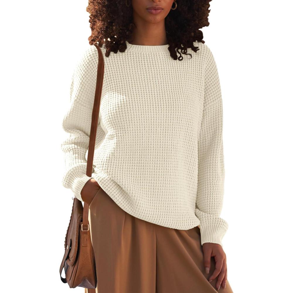 imageMEROKEETY Womens 2025 Long Sleeve Waffle Knit Pullover Sweater Crew Neck Solid Color Jumper TopsBeige