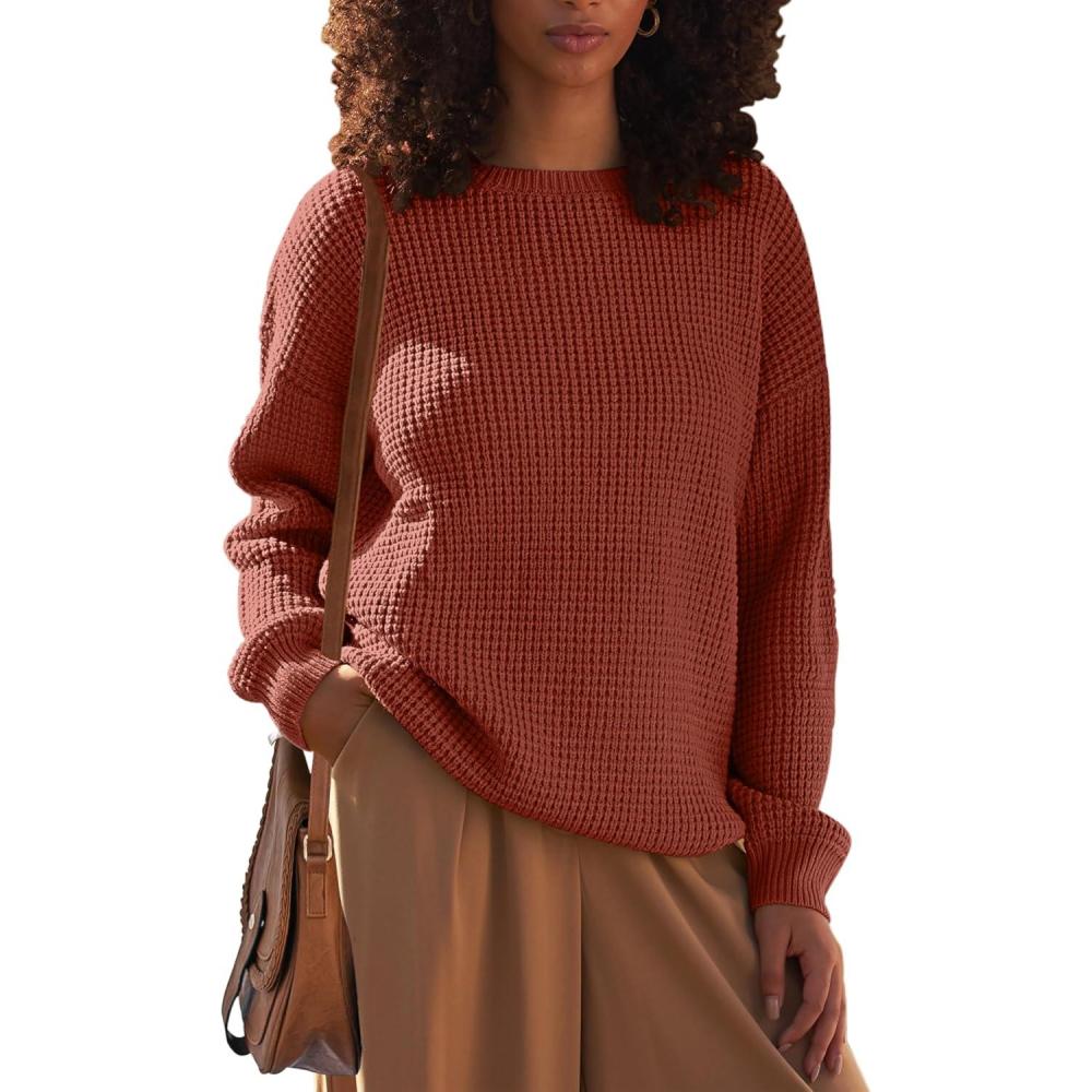 imageMEROKEETY Womens 2025 Long Sleeve Waffle Knit Pullover Sweater Crew Neck Solid Color Jumper TopsBrown