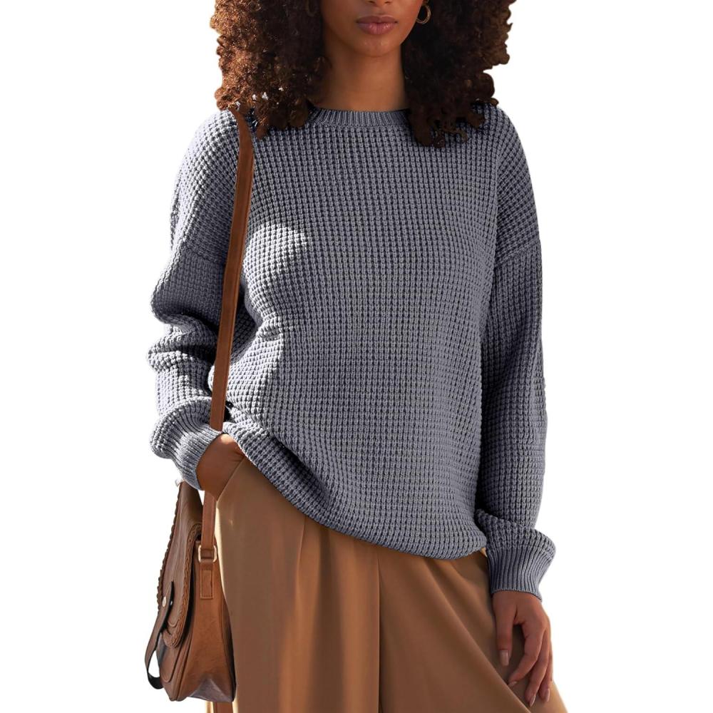 imageMEROKEETY Womens 2025 Long Sleeve Waffle Knit Pullover Sweater Crew Neck Solid Color Jumper TopsGrey