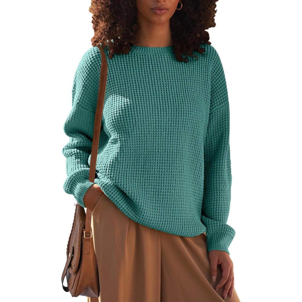 imageMEROKEETY Womens 2025 Long Sleeve Waffle Knit Pullover Sweater Crew Neck Solid Color Jumper TopsLake Green