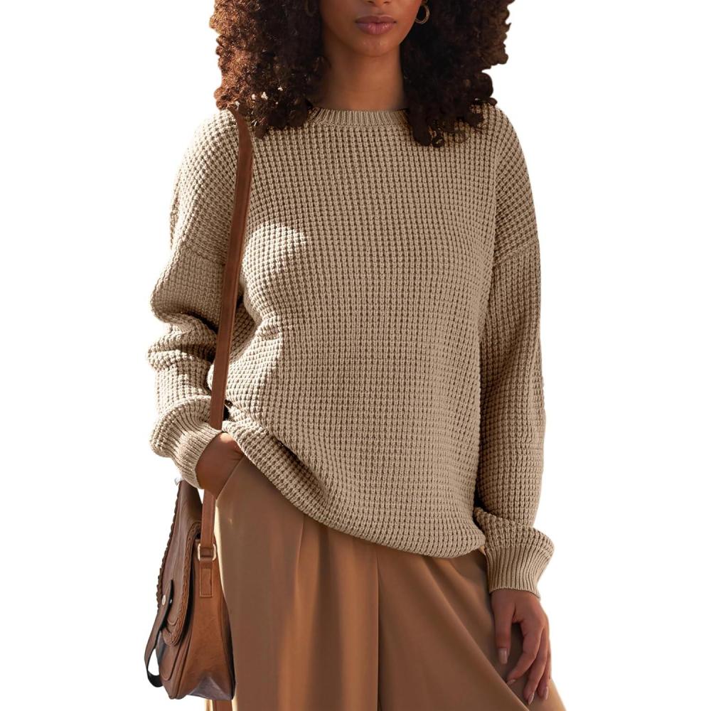 imageMEROKEETY Womens 2025 Long Sleeve Waffle Knit Pullover Sweater Crew Neck Solid Color Jumper TopsLight Khaki