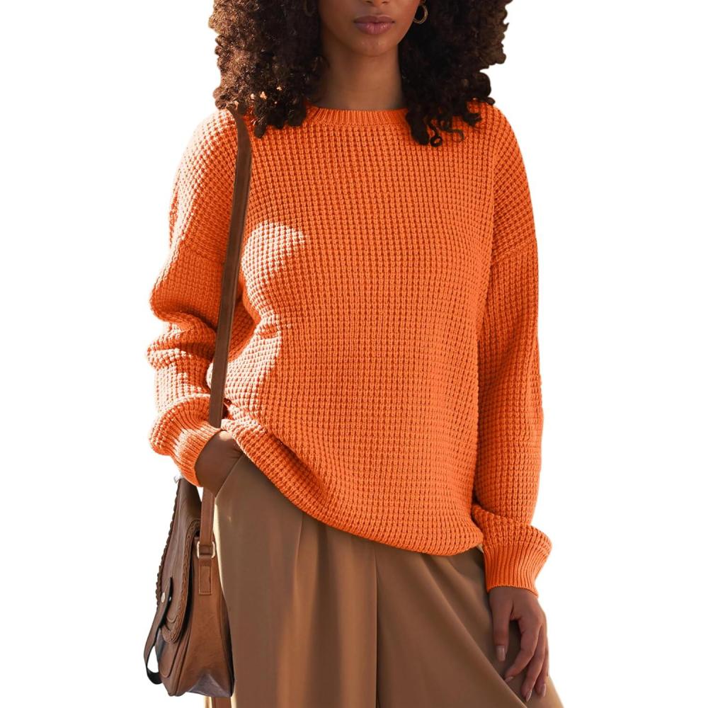 imageMEROKEETY Womens 2025 Long Sleeve Waffle Knit Pullover Sweater Crew Neck Solid Color Jumper TopsOrange