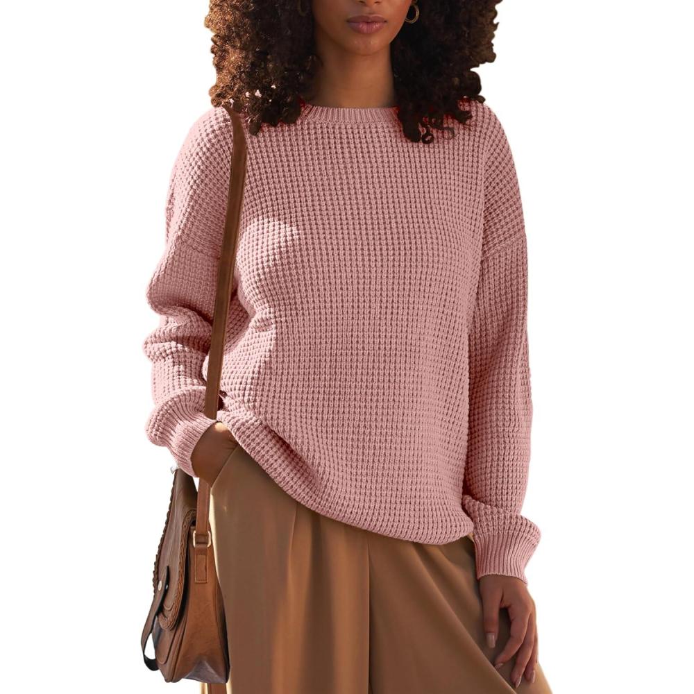 imageMEROKEETY Womens 2025 Long Sleeve Waffle Knit Pullover Sweater Crew Neck Solid Color Jumper TopsPink