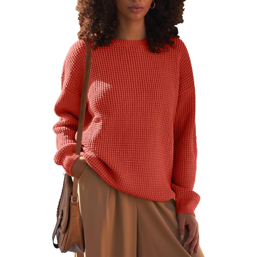 imageMEROKEETY Womens 2025 Long Sleeve Waffle Knit Pullover Sweater Crew Neck Solid Color Jumper TopsRust