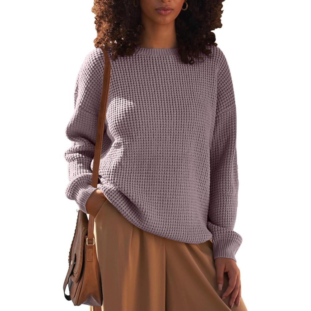 imageMEROKEETY Womens 2025 Long Sleeve Waffle Knit Pullover Sweater Crew Neck Solid Color Jumper TopsTaro