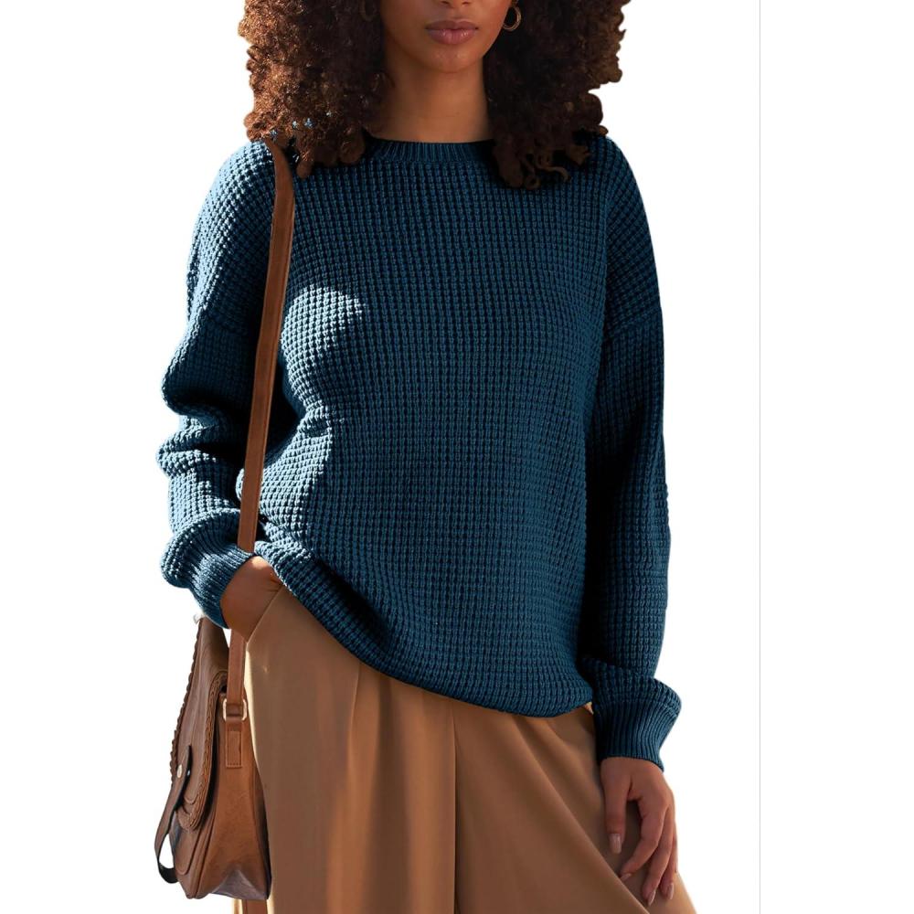 imageMEROKEETY Womens 2025 Long Sleeve Waffle Knit Pullover Sweater Crew Neck Solid Color Jumper TopsTeal