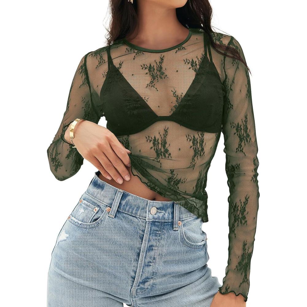 imageMEROKEETY Womens 2026 Long Sleeve Lace Sheer Mesh Tops Undershirt Sexy See Through Going Out Crewneck Blouse ShirtsGreen