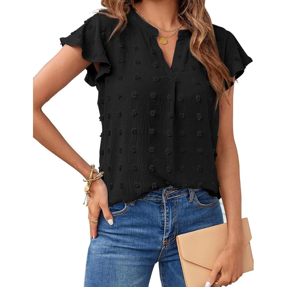 imageMEROKEETY Womens 2026 Spring V Neck Ruffle Short Sleeve Blouse Summer Swiss Dot Dressy Casual Flowy Shirt Tunic TopBlack