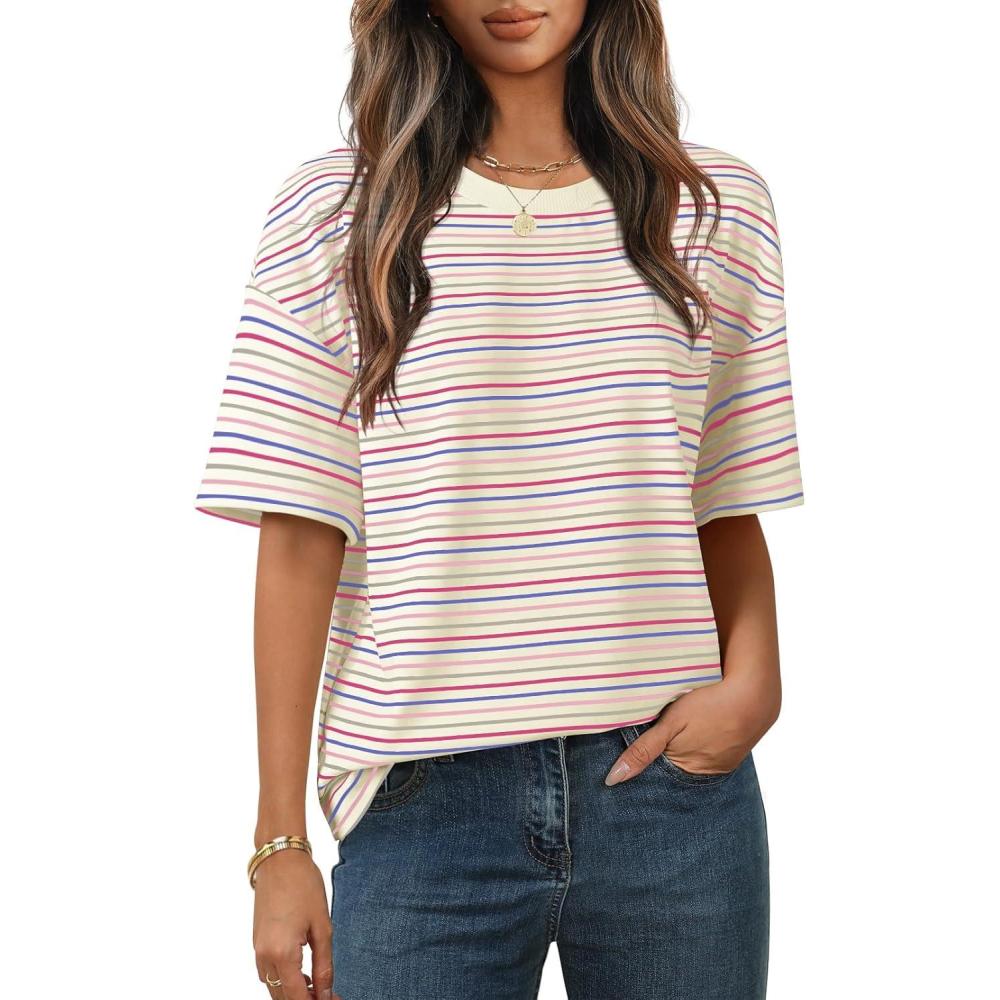 imageMEROKEETY Womens 2026 Summer Short Sleeve Tops Casual Colourful Striped Crewneck Loose Work T Shirts BlousesBeige