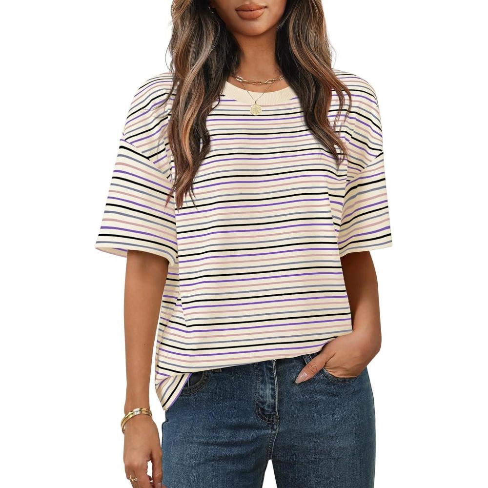 imageMEROKEETY Womens 2026 Summer Short Sleeve Tops Casual Colourful Striped Crewneck Loose Work T Shirts BlousesBeige Blue
