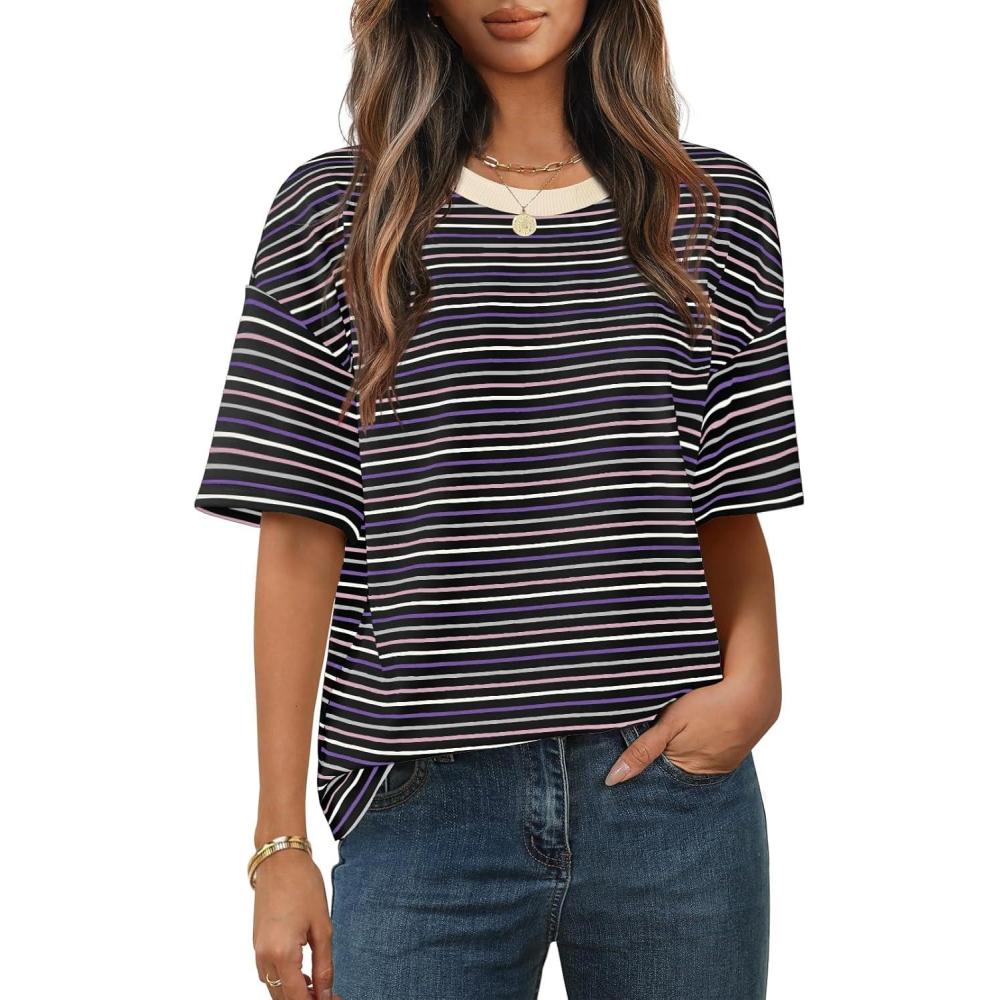 imageMEROKEETY Womens 2026 Summer Short Sleeve Tops Casual Colourful Striped Crewneck Loose Work T Shirts BlousesBlack Purple