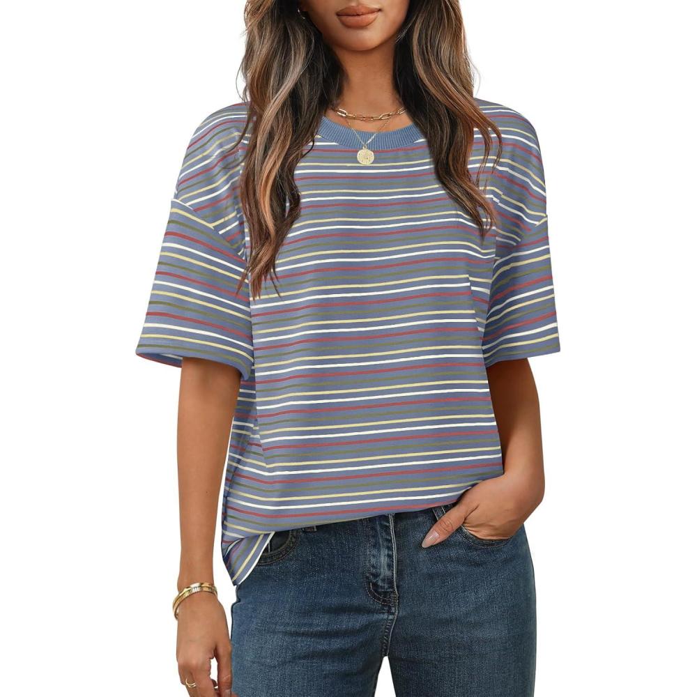 imageMEROKEETY Womens 2026 Summer Short Sleeve Tops Casual Colourful Striped Crewneck Loose Work T Shirts BlousesDusty Blue