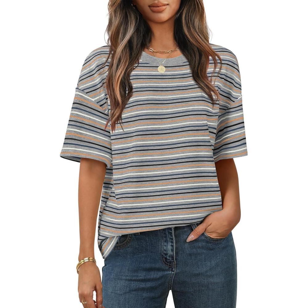 imageMEROKEETY Womens 2026 Summer Short Sleeve Tops Casual Colourful Striped Crewneck Loose Work T Shirts BlousesLight Grey