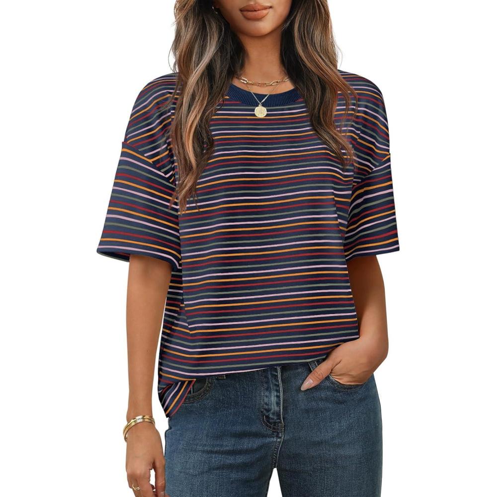 imageMEROKEETY Womens 2026 Summer Short Sleeve Tops Casual Colourful Striped Crewneck Loose Work T Shirts BlousesNavy
