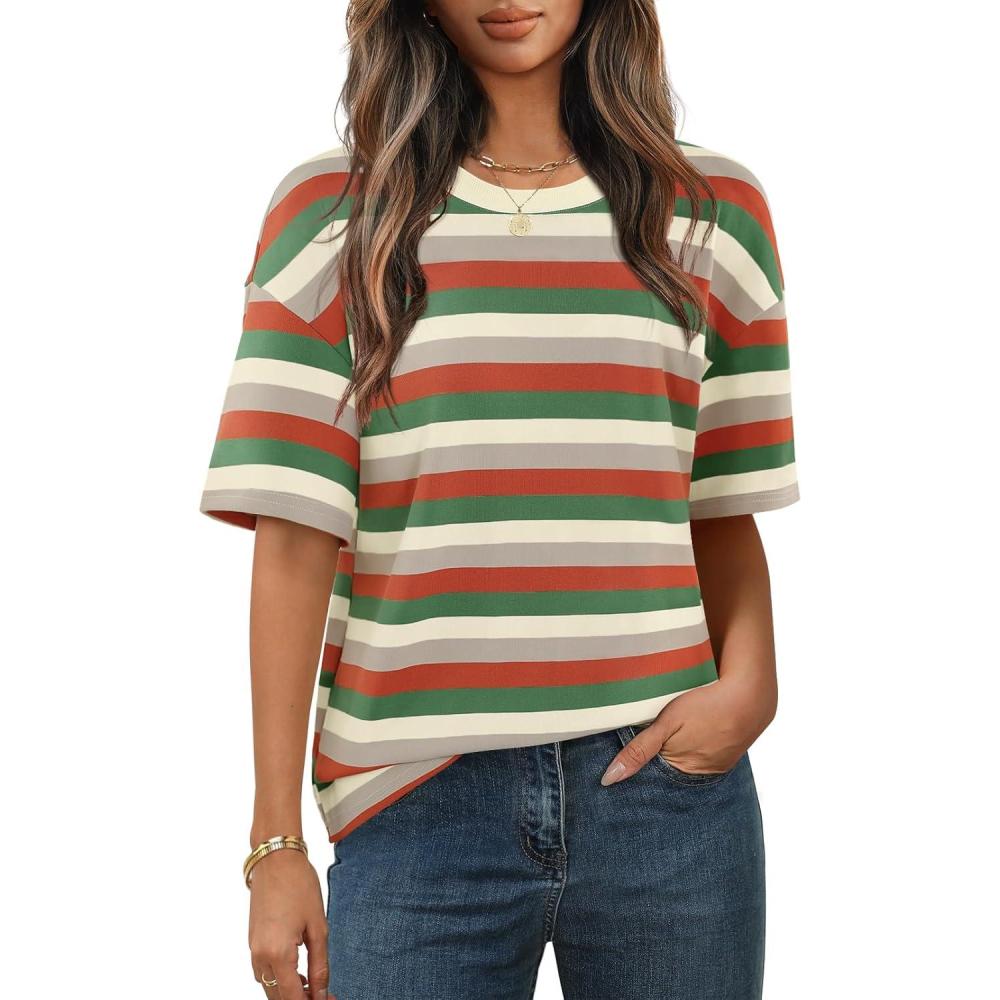 imageMEROKEETY Womens 2026 Summer Short Sleeve Tops Casual Colourful Striped Crewneck Loose Work T Shirts BlousesOrange