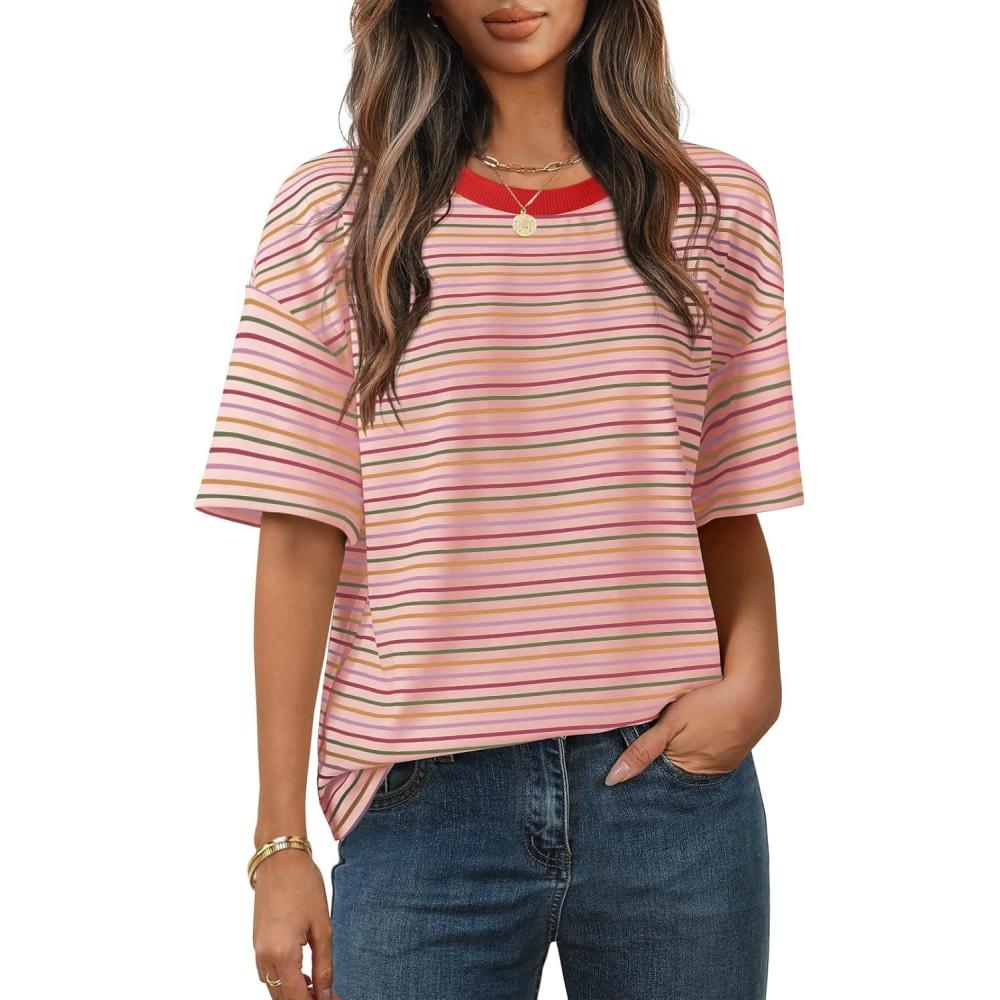imageMEROKEETY Womens 2026 Summer Short Sleeve Tops Casual Colourful Striped Crewneck Loose Work T Shirts BlousesPink
