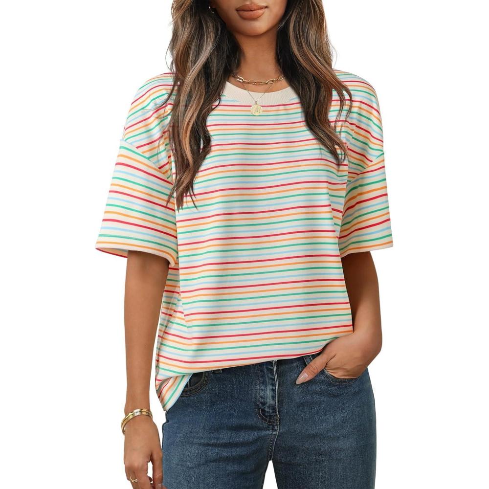 imageMEROKEETY Womens 2026 Summer Short Sleeve Tops Casual Colourful Striped Crewneck Loose Work T Shirts BlousesWhite