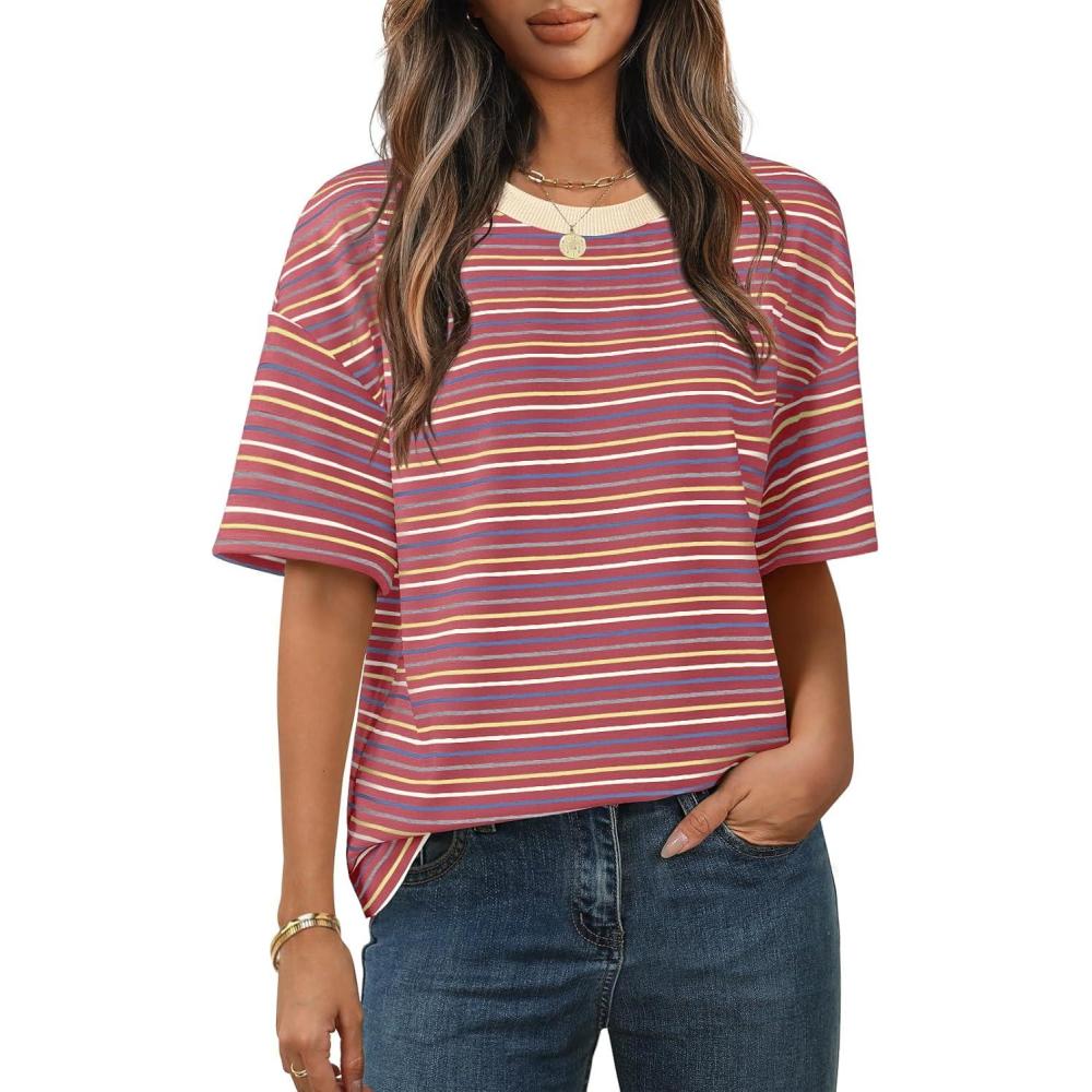 imageMEROKEETY Womens 2026 Summer Short Sleeve Tops Casual Colourful Striped Crewneck Loose Work T Shirts BlousesWine