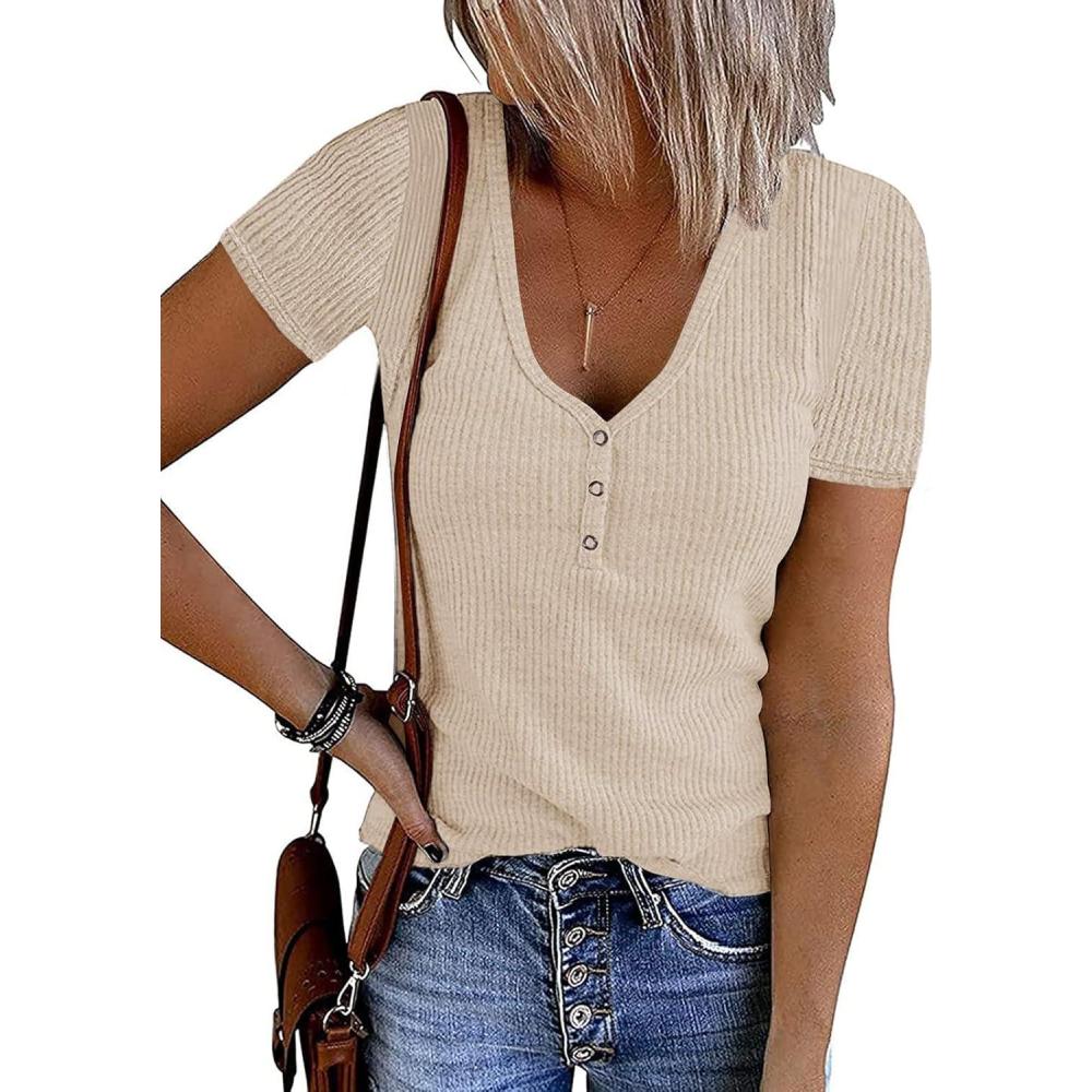 imageMEROKEETY Womens 2026 Summer Short Sleeve Tops Casual V Neck T Shirts Ribbed Knit Henley Button Basic BlouseAlmond