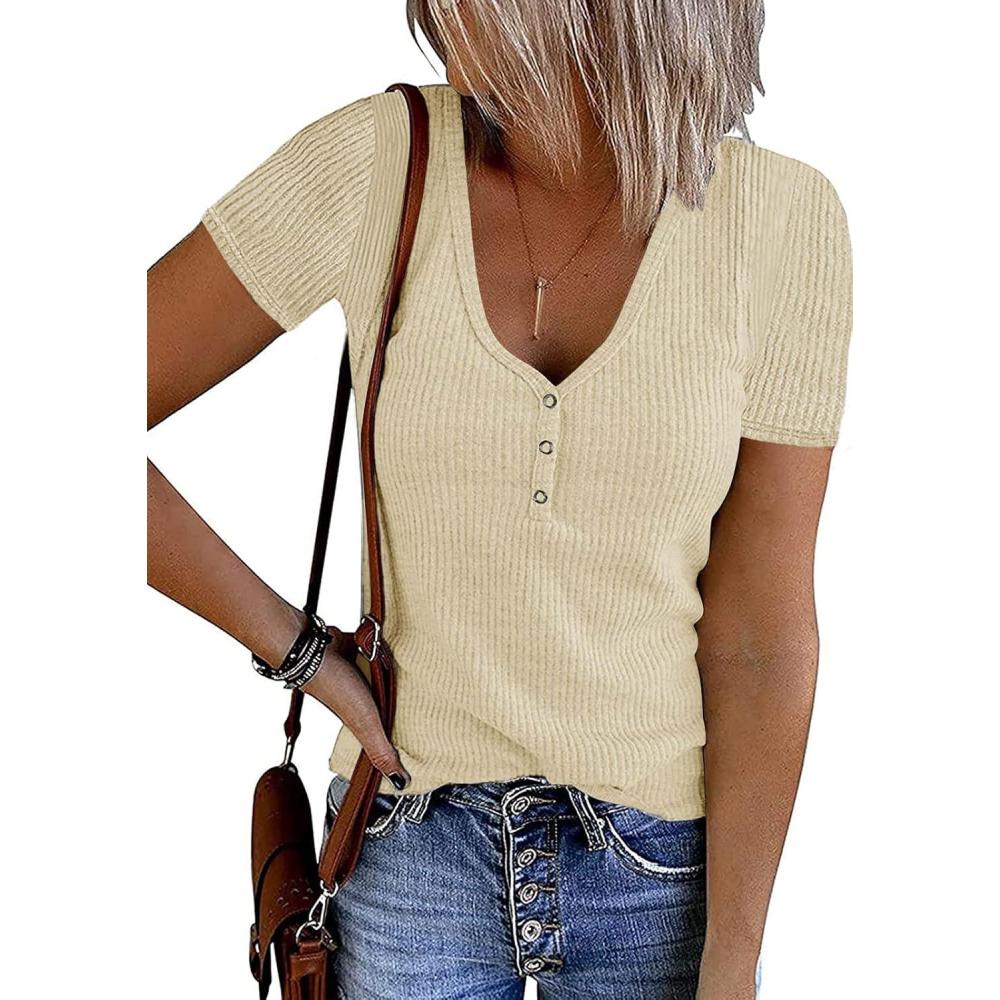 imageMEROKEETY Womens 2026 Summer Short Sleeve Tops Casual V Neck T Shirts Ribbed Knit Henley Button Basic BlouseApricot