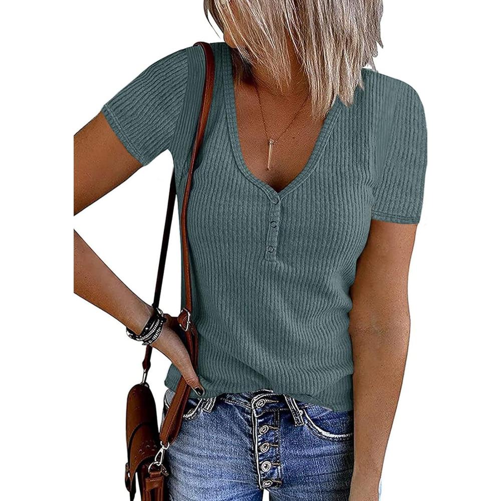 imageMEROKEETY Womens 2026 Summer Short Sleeve Tops Casual V Neck T Shirts Ribbed Knit Henley Button Basic BlouseBlue