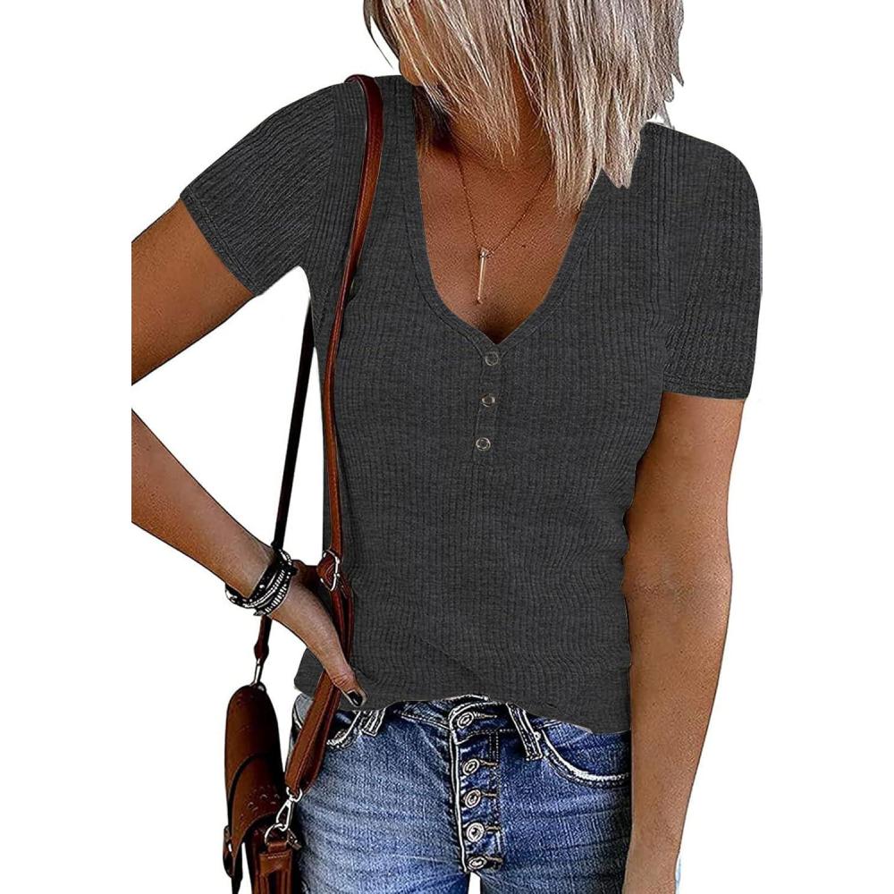 imageMEROKEETY Womens 2026 Summer Short Sleeve Tops Casual V Neck T Shirts Ribbed Knit Henley Button Basic BlouseDarkgrey
