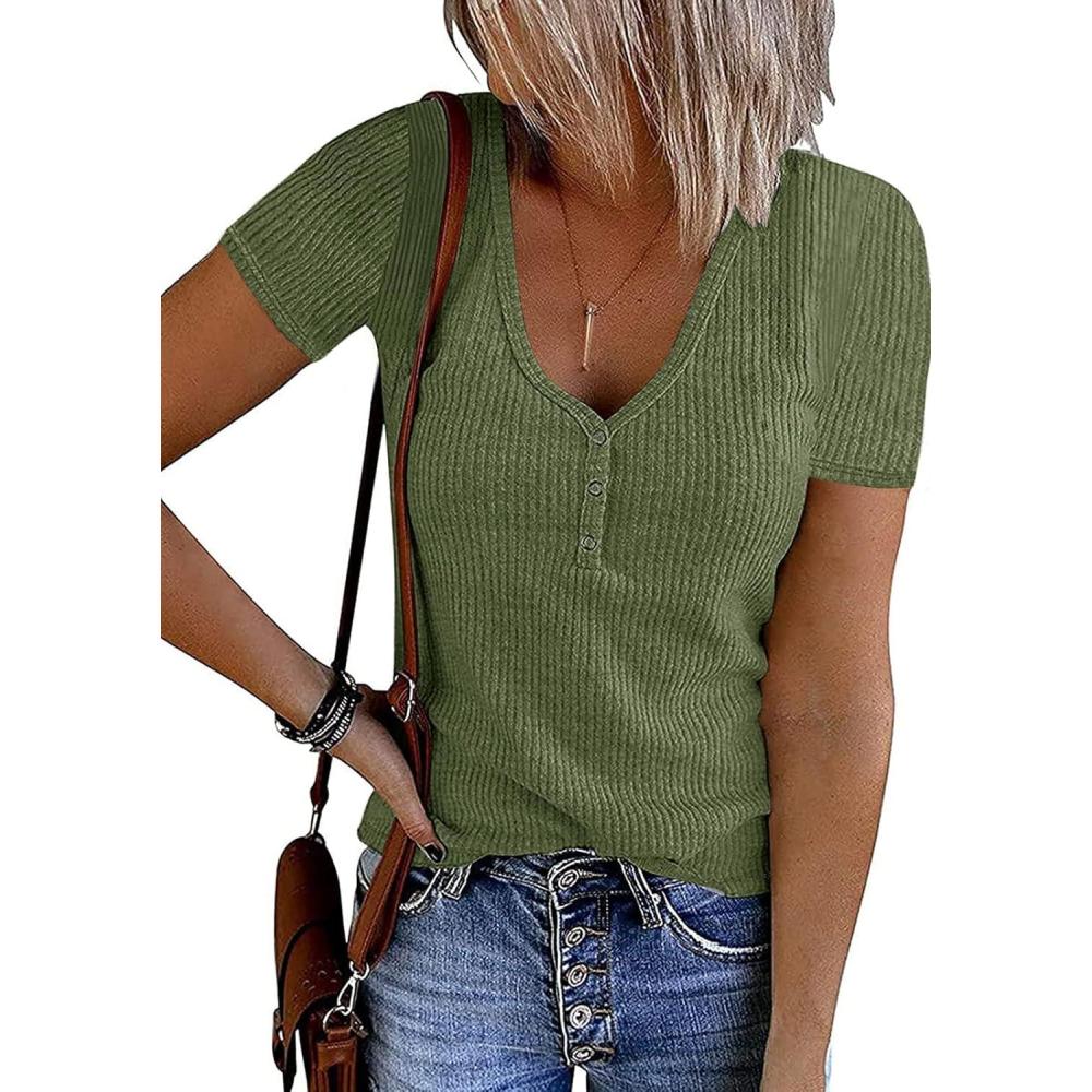 imageMEROKEETY Womens 2026 Summer Short Sleeve Tops Casual V Neck T Shirts Ribbed Knit Henley Button Basic BlouseGreen