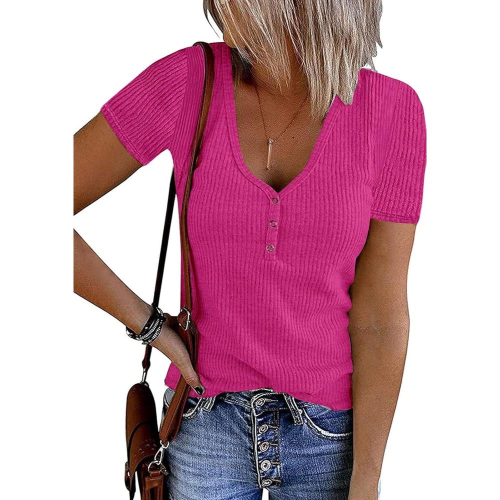 imageMEROKEETY Womens 2026 Summer Short Sleeve Tops Casual V Neck T Shirts Ribbed Knit Henley Button Basic BlouseHot Pink