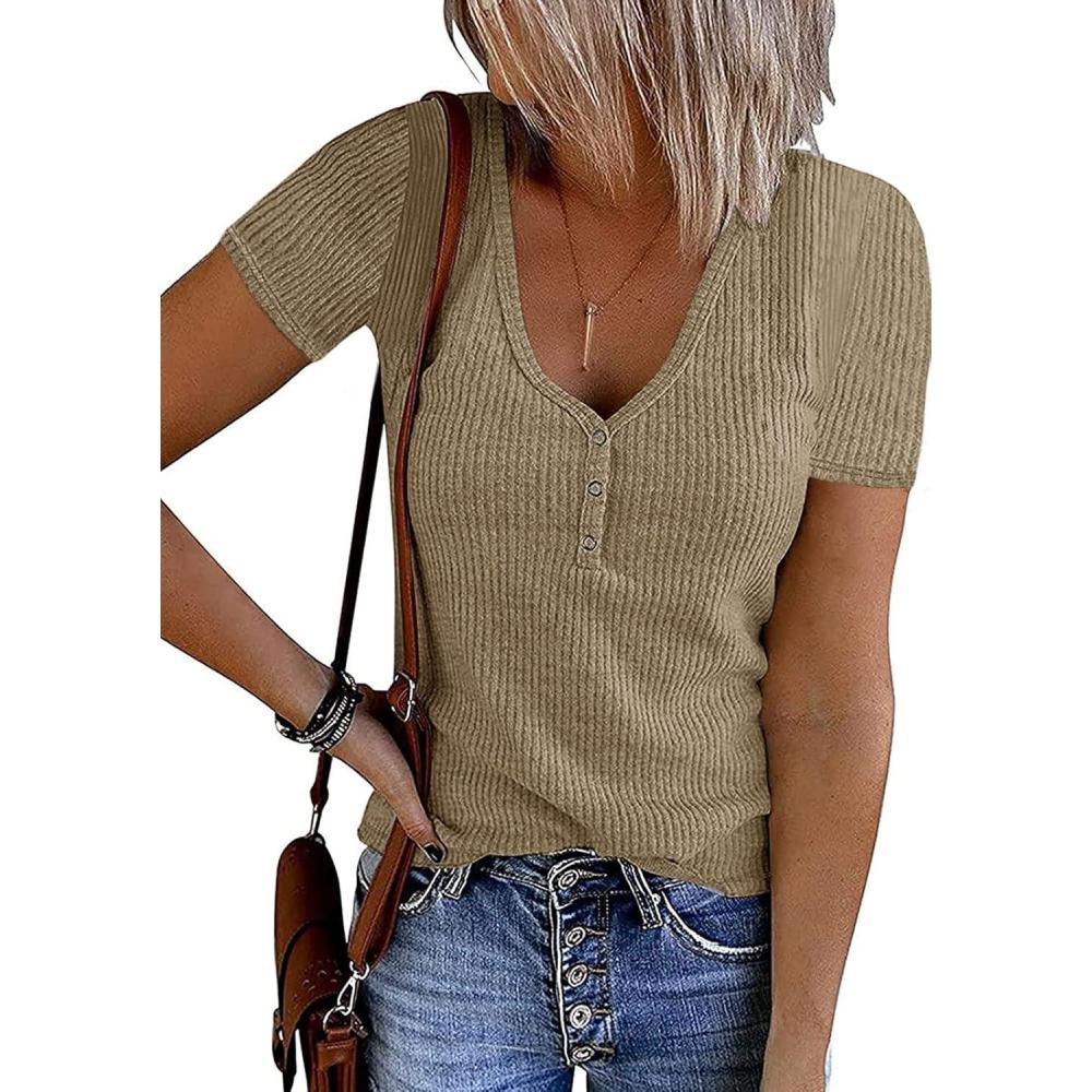 imageMEROKEETY Womens 2026 Summer Short Sleeve Tops Casual V Neck T Shirts Ribbed Knit Henley Button Basic BlouseKhaki