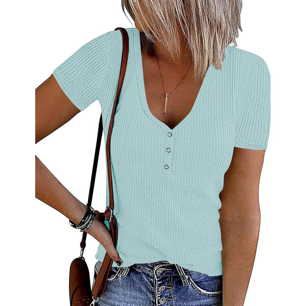 imageMEROKEETY Womens 2026 Summer Short Sleeve Tops Casual V Neck T Shirts Ribbed Knit Henley Button Basic BlouseLightblue