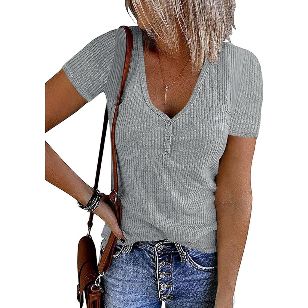 imageMEROKEETY Womens 2026 Summer Short Sleeve Tops Casual V Neck T Shirts Ribbed Knit Henley Button Basic BlouseLightgrey