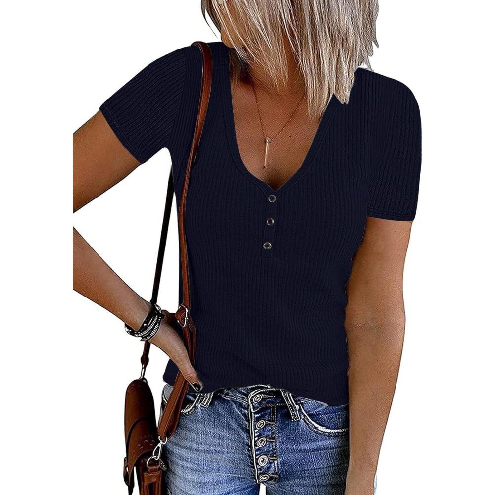 imageMEROKEETY Womens 2026 Summer Short Sleeve Tops Casual V Neck T Shirts Ribbed Knit Henley Button Basic BlouseNavy