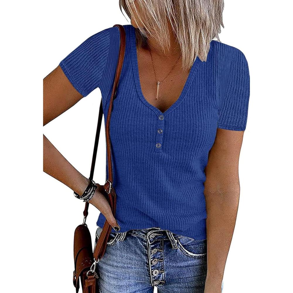 imageMEROKEETY Womens 2026 Summer Short Sleeve Tops Casual V Neck T Shirts Ribbed Knit Henley Button Basic BlouseRoyal