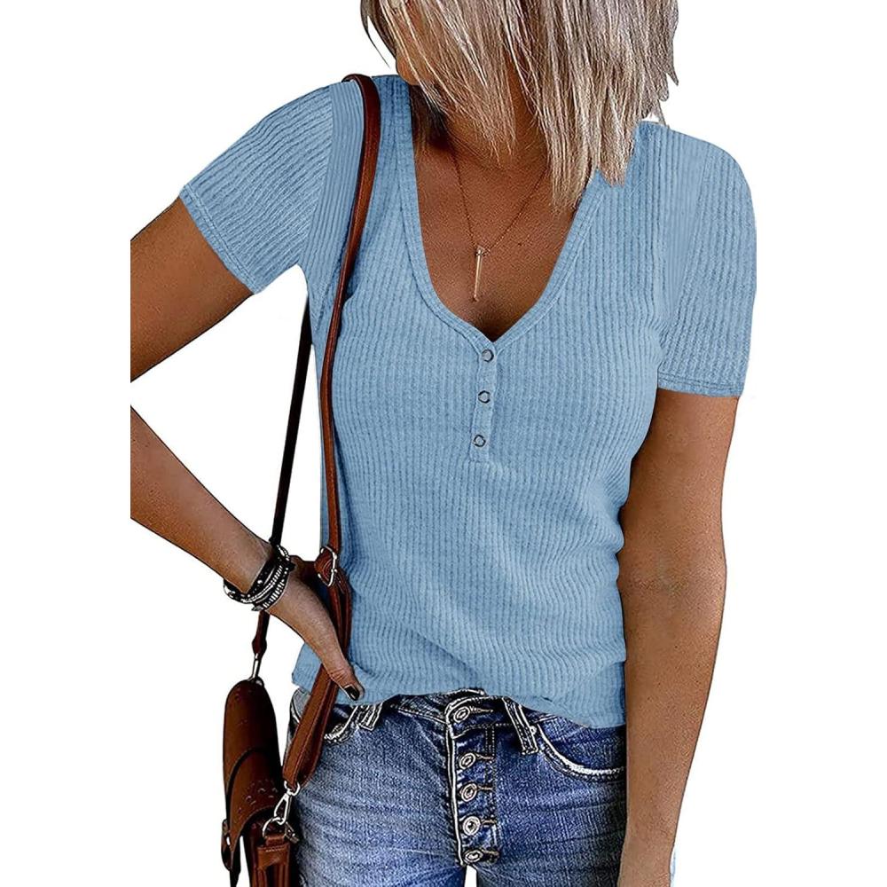 imageMEROKEETY Womens 2026 Summer Short Sleeve Tops Casual V Neck T Shirts Ribbed Knit Henley Button Basic BlouseSkyblue
