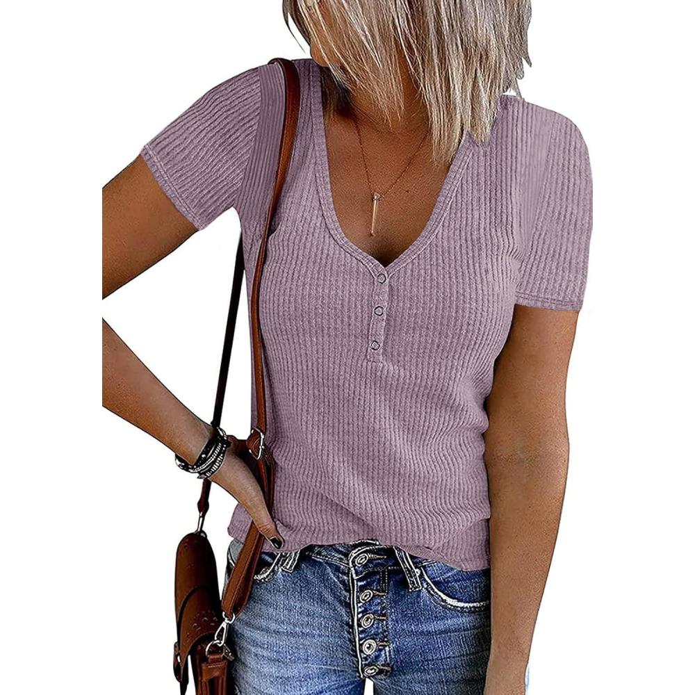 imageMEROKEETY Womens 2026 Summer Short Sleeve Tops Casual V Neck T Shirts Ribbed Knit Henley Button Basic BlouseTaro