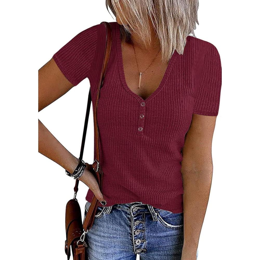 imageMEROKEETY Womens 2026 Summer Short Sleeve Tops Casual V Neck T Shirts Ribbed Knit Henley Button Basic BlouseWine