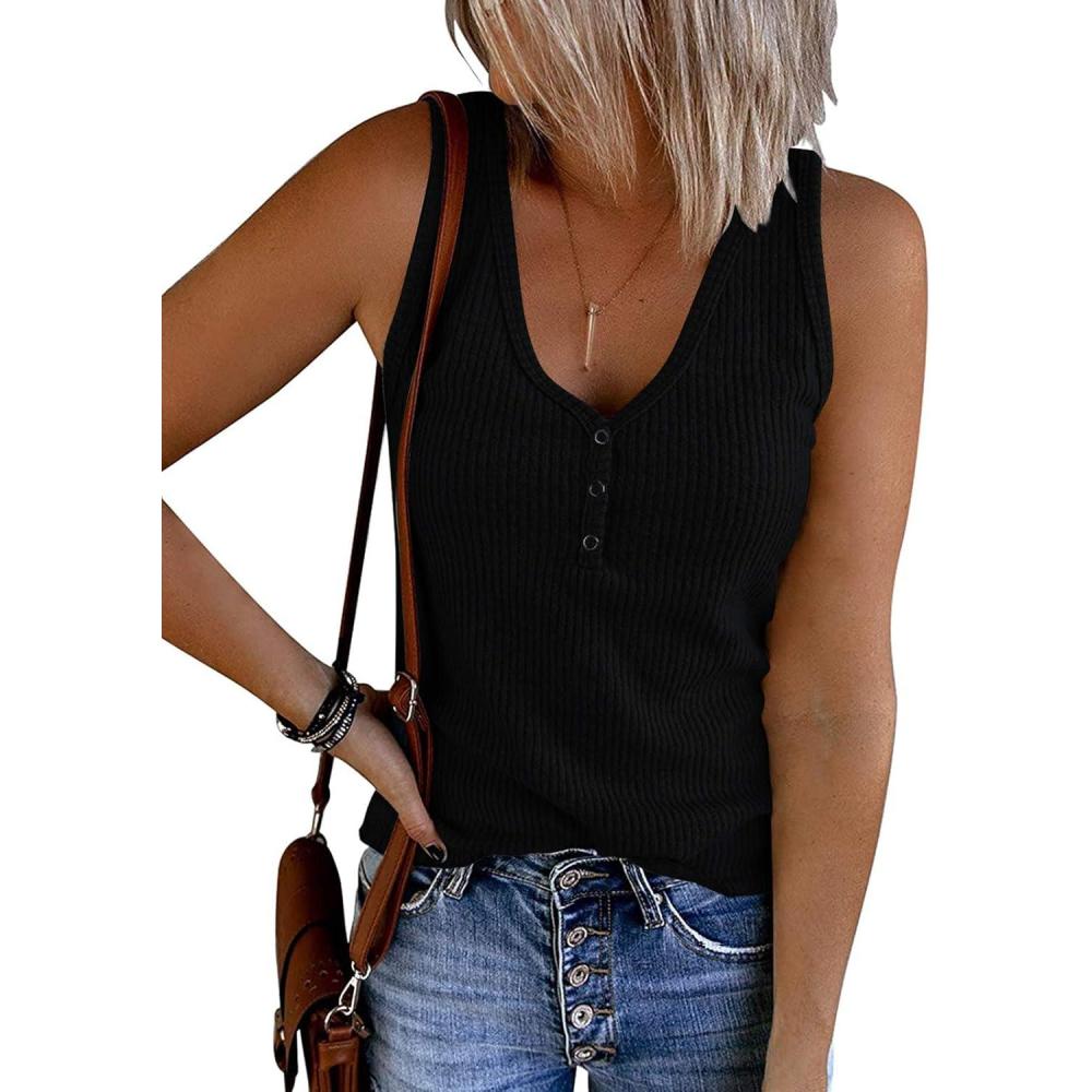 imageMEROKEETY Womens 2026 Summer Sleeveless Tank Tops V Neck Ribbed Dressy Casual Henley Shirts Button Loose Cami TeesBlack