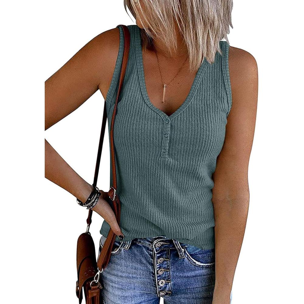 imageMEROKEETY Womens 2026 Summer Sleeveless Tank Tops V Neck Ribbed Dressy Casual Henley Shirts Button Loose Cami TeesBlue