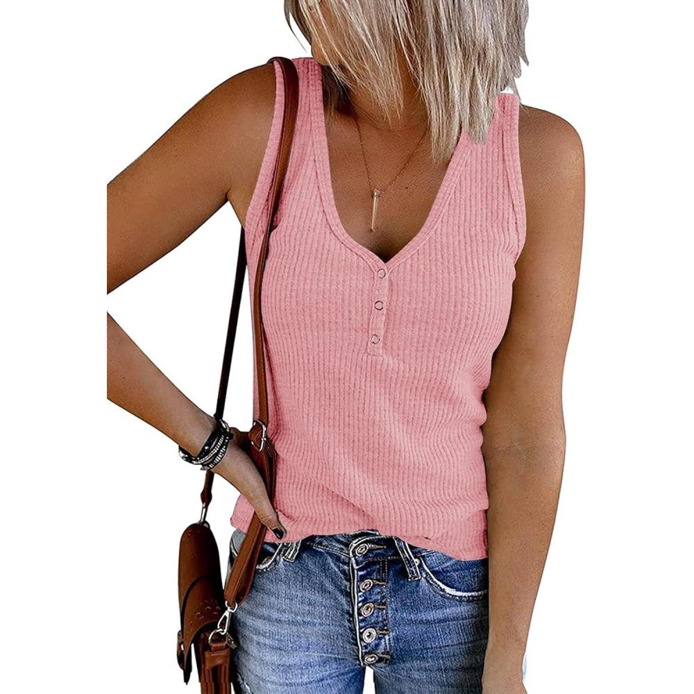 imageMEROKEETY Womens 2026 Summer Sleeveless Tank Tops V Neck Ribbed Dressy Casual Henley Shirts Button Loose Cami TeesDarkpink