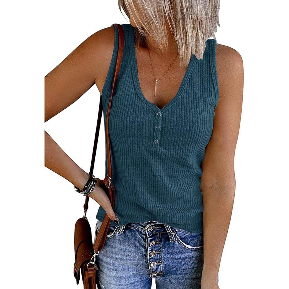imageMEROKEETY Womens 2026 Summer Sleeveless Tank Tops V Neck Ribbed Dressy Casual Henley Shirts Button Loose Cami TeesDustyblue
